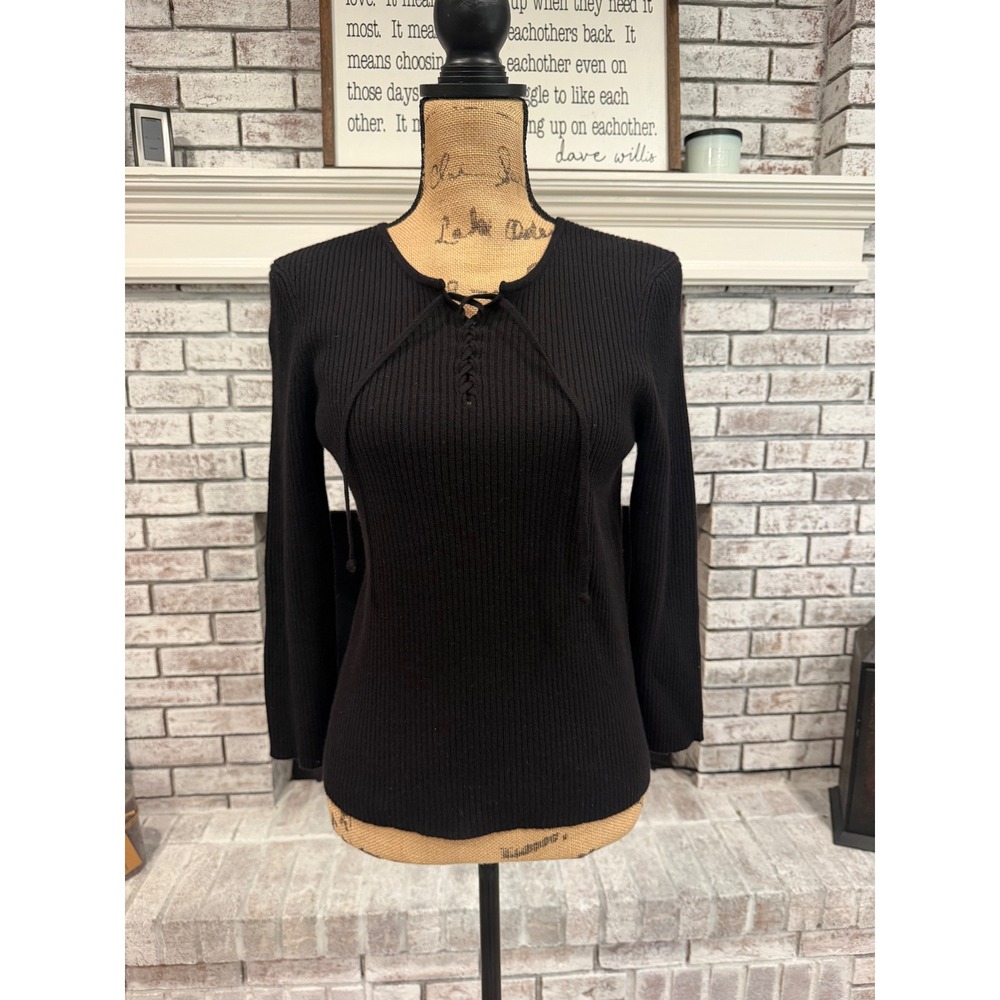 Saks Fifth Avenue Sweater Womens Medium Black Cashmere Lace Up Ribbed Minimalist